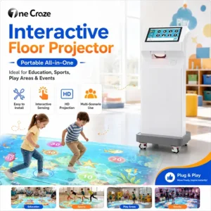 Side view of the OneCraze Mini SAIO floor projector showing ventilation grilles and caster wheels